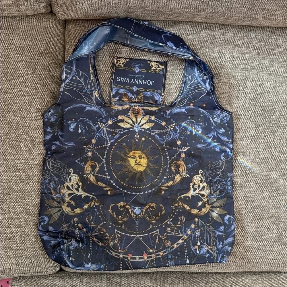 Johnny Was California Reusable Shopping Bag Tote Blue Gold Moon Packable New - Picture 9 of 12